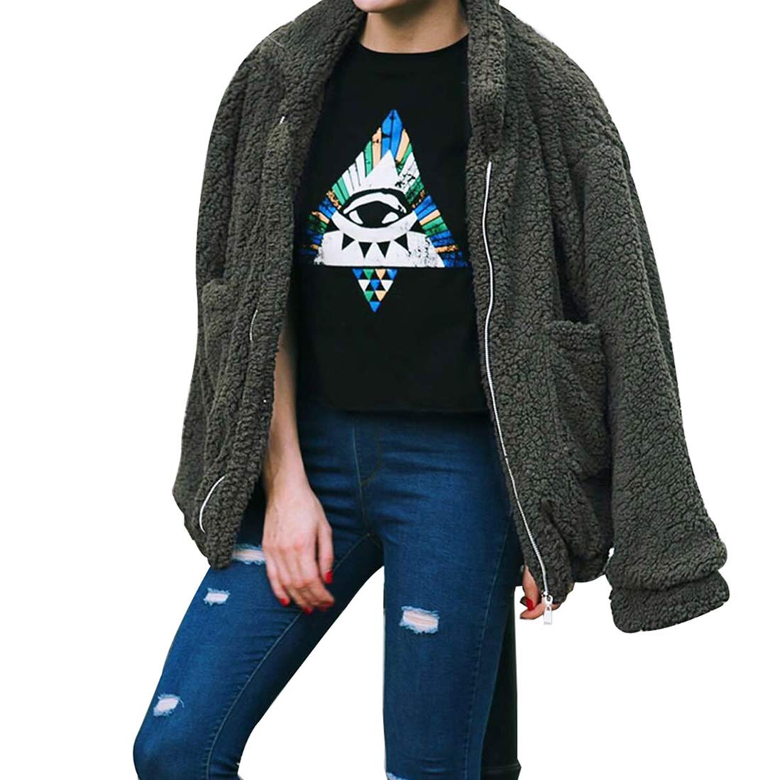 Comeon Women's Coat Casual Lapel Fleece Fuzzy Faux Shearling Zipper Coats Warm Winter Oversized Outwear Jackets - Image 4