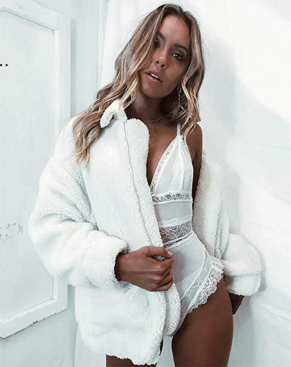 Comeon Women's Coat Casual Lapel Fleece Fuzzy Faux Shearling Zipper Coats Warm Winter Oversized Outwear Jackets - Image 4