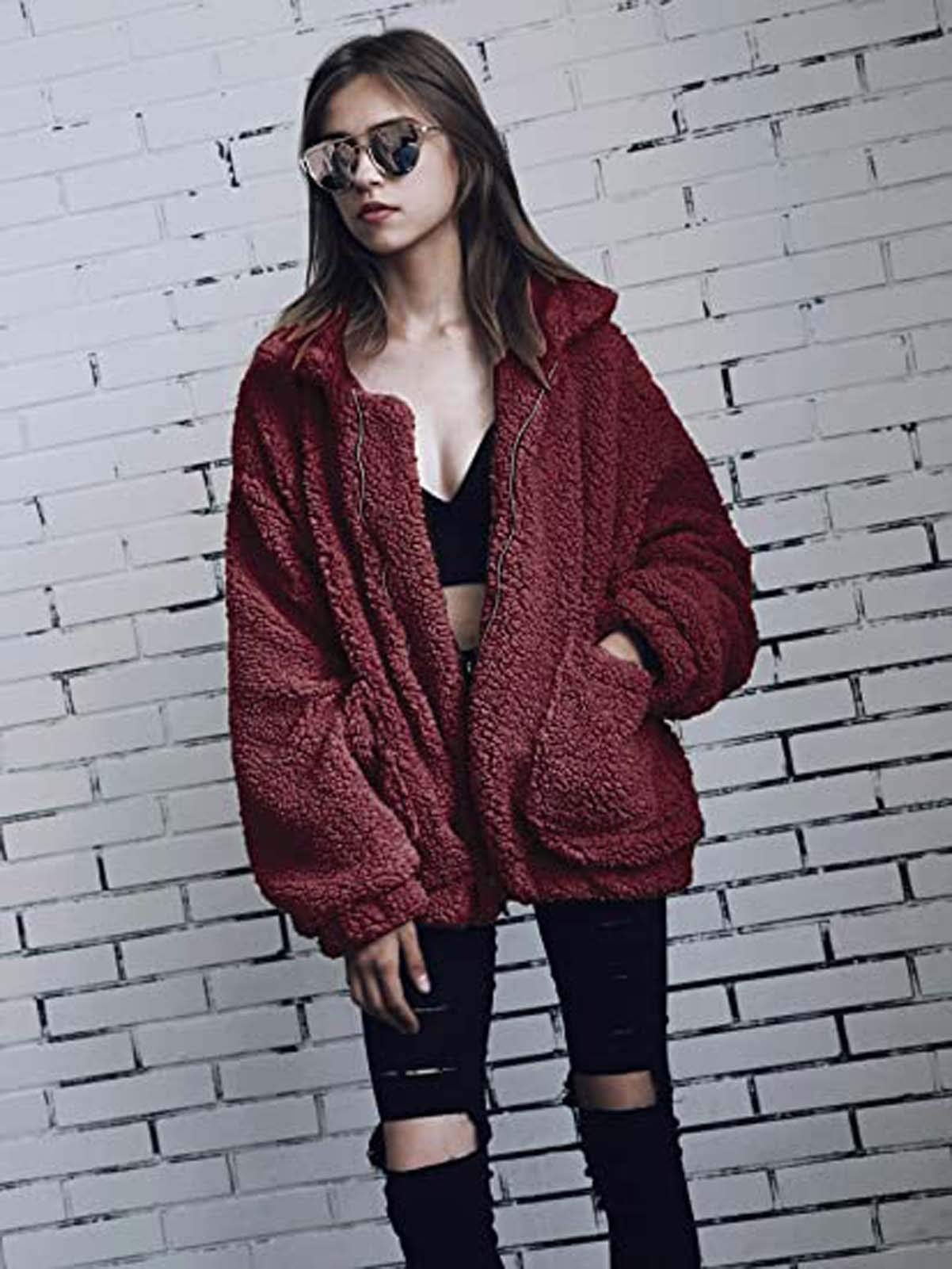 Comeon Women's Coat Casual Lapel Fleece Fuzzy Faux Shearling Zipper Coats Warm Winter Oversized Outwear Jackets - Image 3