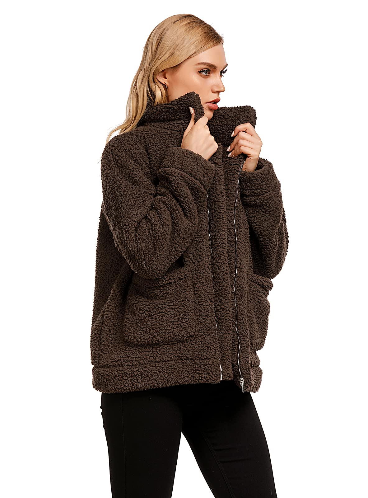 Comeon Women's Coat Casual Lapel Fleece Fuzzy Faux Shearling Zipper Coats Warm Winter Oversized Outwear Jackets - Image 3