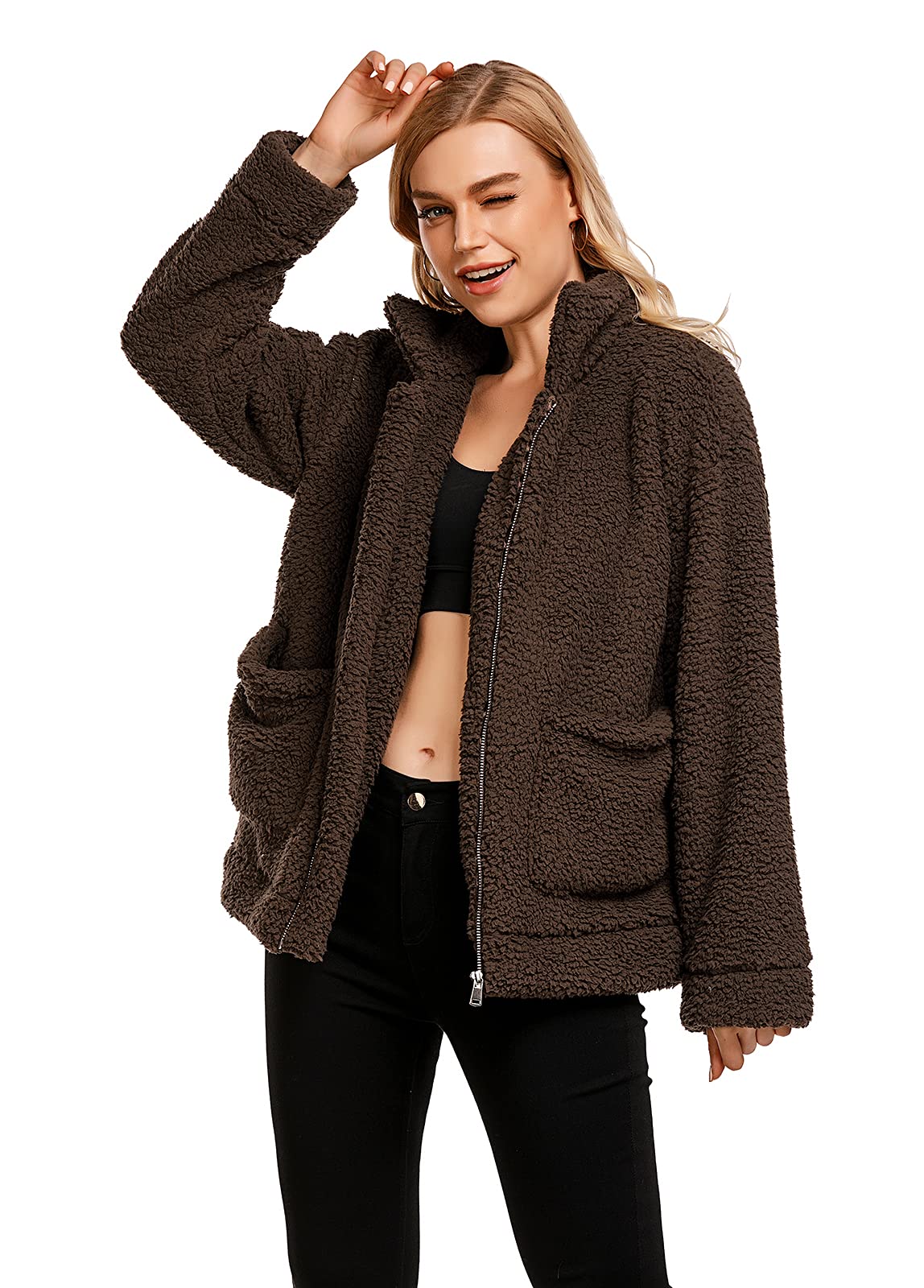 Comeon Women's Coat Casual Lapel Fleece Fuzzy Faux Shearling Zipper Coats Warm Winter Oversized Outwear Jackets - Image 4