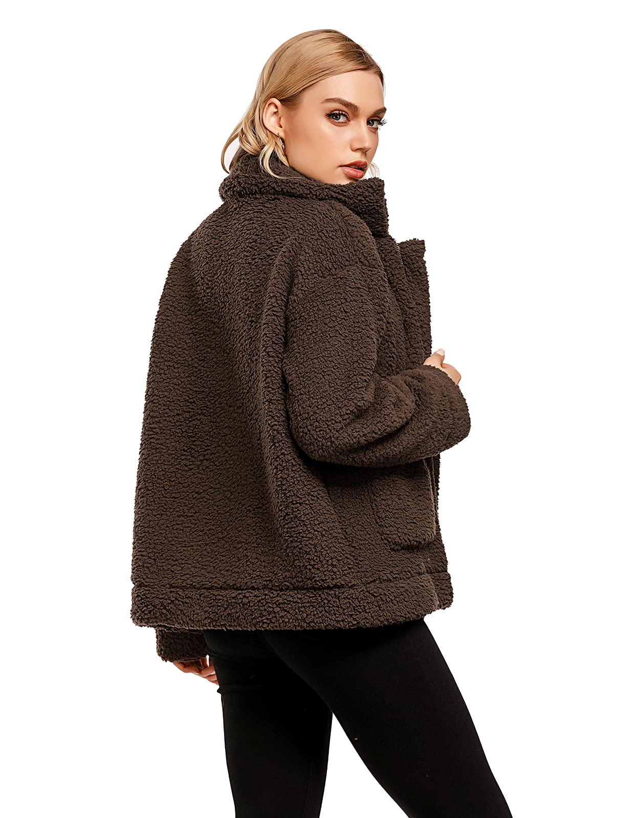 Comeon Women's Coat Casual Lapel Fleece Fuzzy Faux Shearling Zipper Coats Warm Winter Oversized Outwear Jackets - Image 5
