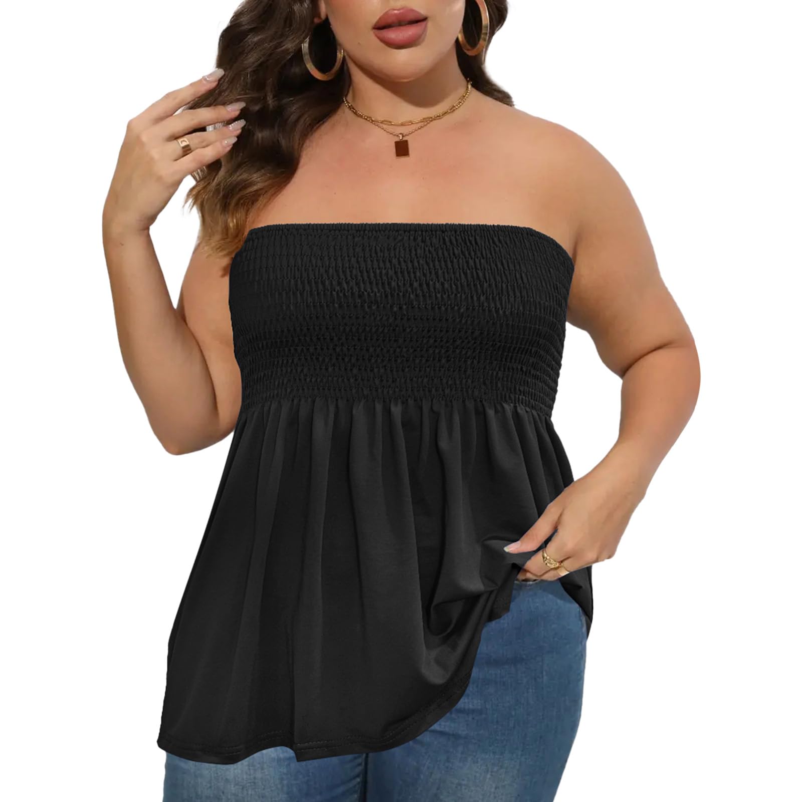 Comeon Women's Plus Size Tube Tops Strapless Blouse Pleated Sleeveless Stretchy Sleeveless Flare Hem Tube