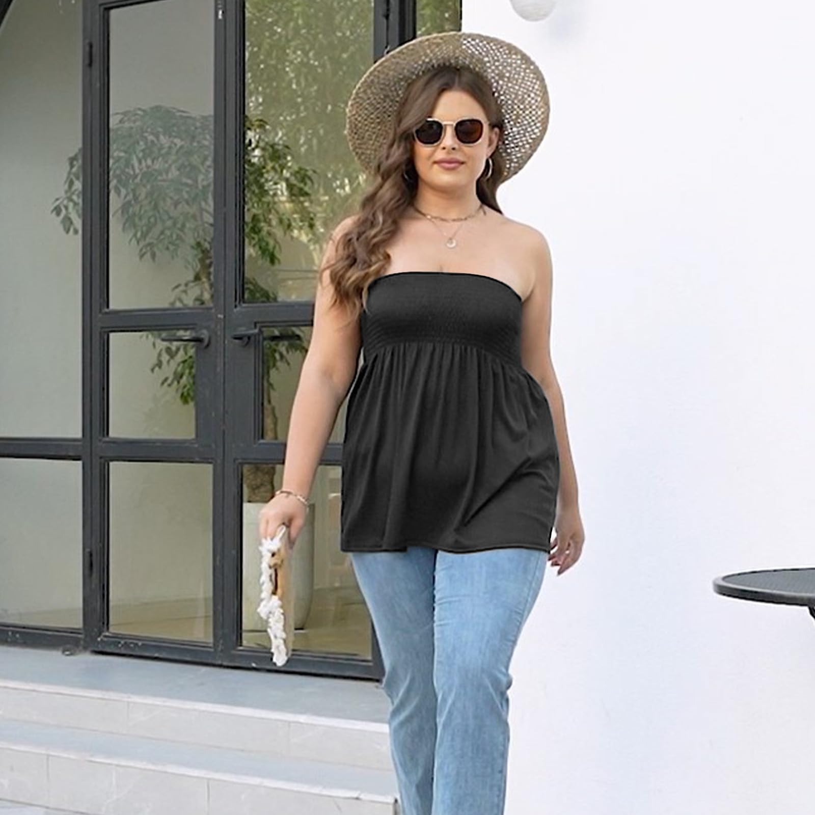 Comeon Women's Plus Size Tube Tops Strapless Blouse Pleated Sleeveless Stretchy Sleeveless Flare Hem Tube - Image 3