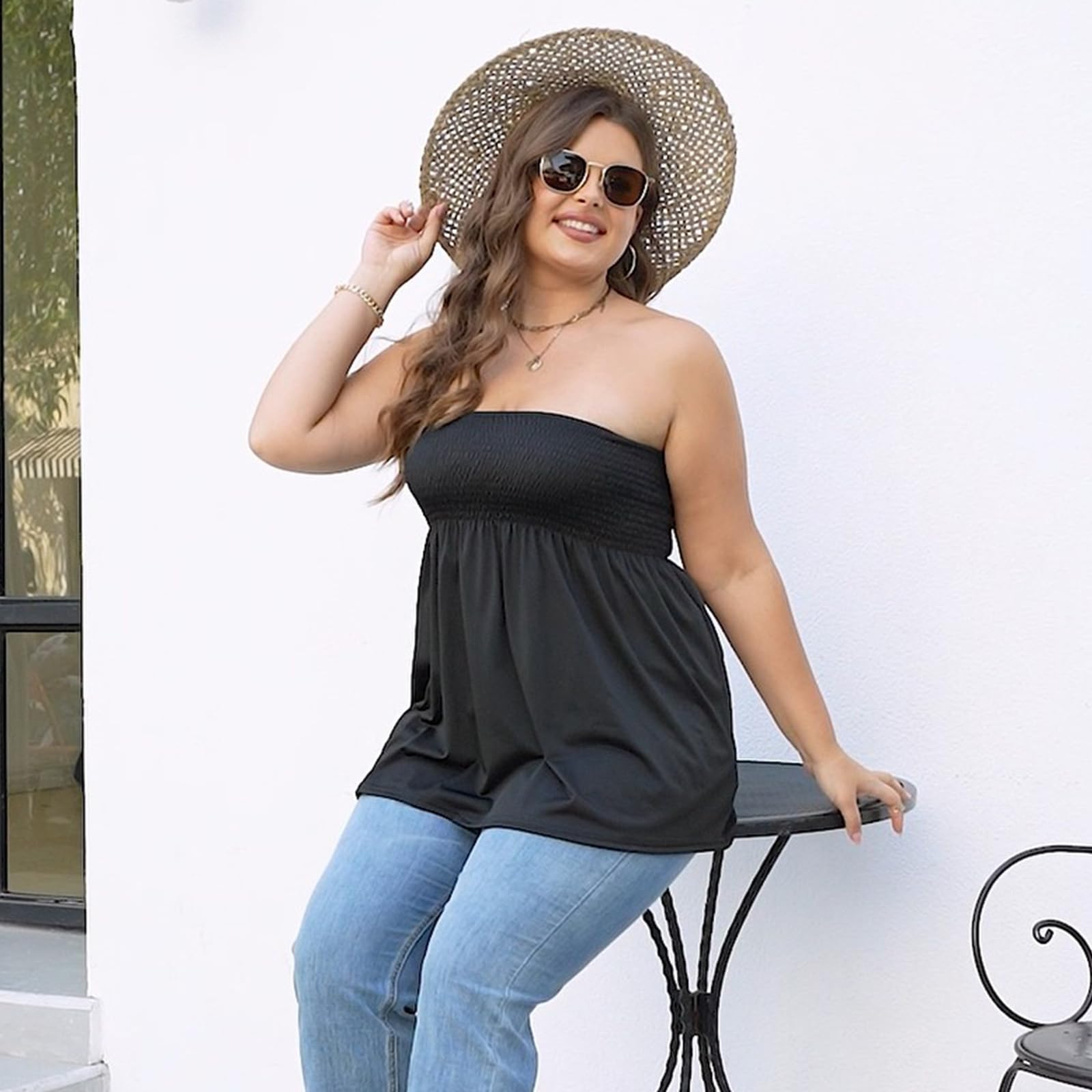 Comeon Women's Plus Size Tube Tops Strapless Blouse Pleated Sleeveless Stretchy Sleeveless Flare Hem Tube - Image 4