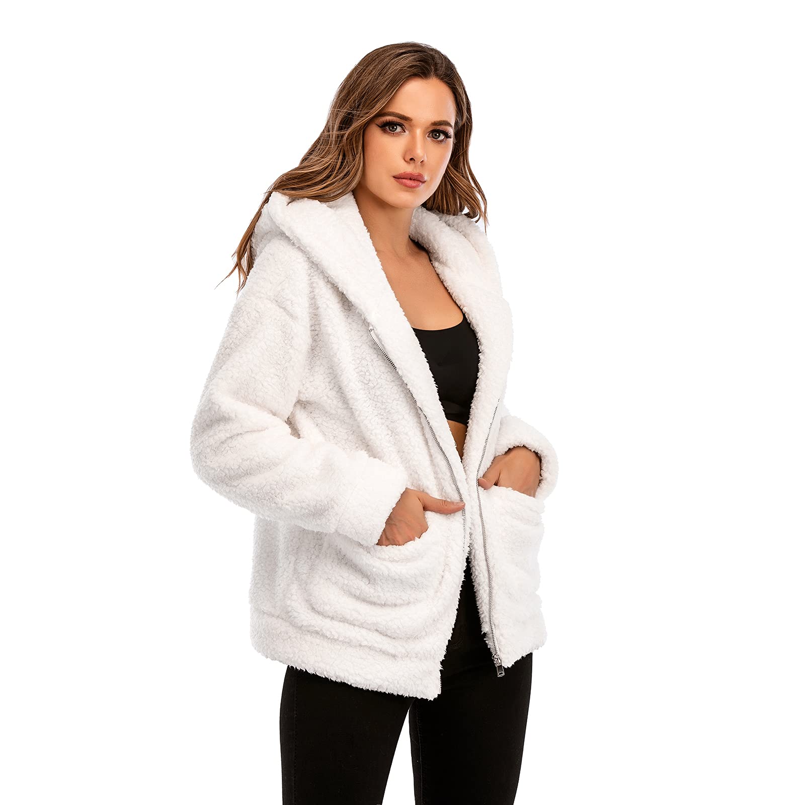 Comeon Womens Casual Coat Lapel Fleece Fuzzy Faux Shearling Zipper Hooded Warm Winter Oversized Jackets - Image 4