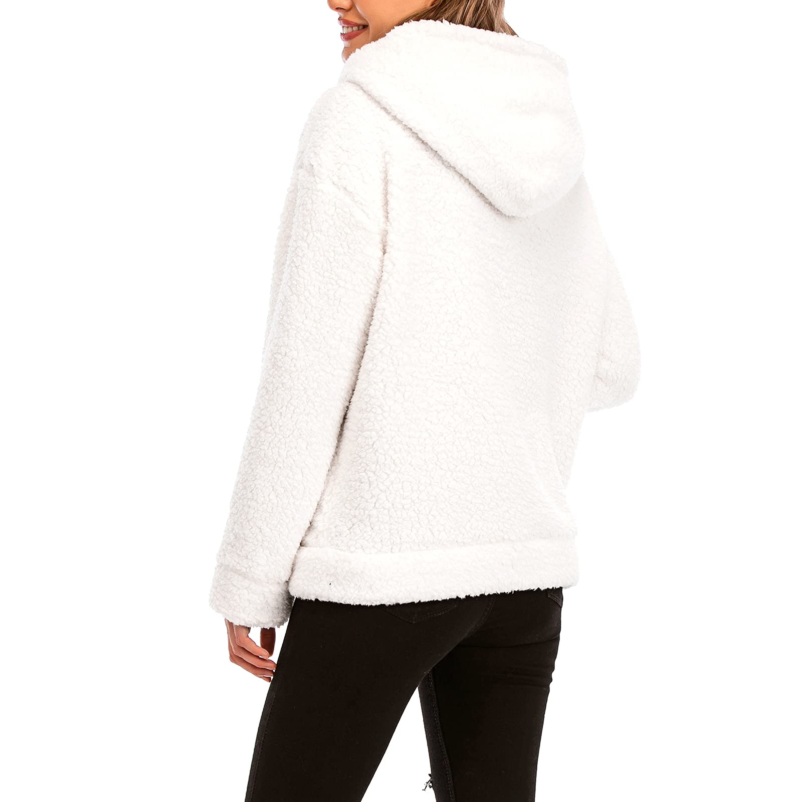 Comeon Womens Casual Coat Lapel Fleece Fuzzy Faux Shearling Zipper Hooded Warm Winter Oversized Jackets - Image 5