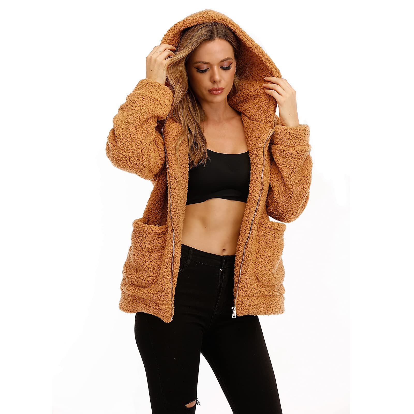 Comeon Womens Casual Coat Lapel Fleece Fuzzy Faux Shearling Zipper Hooded Warm Winter Oversized Jackets - Image 3