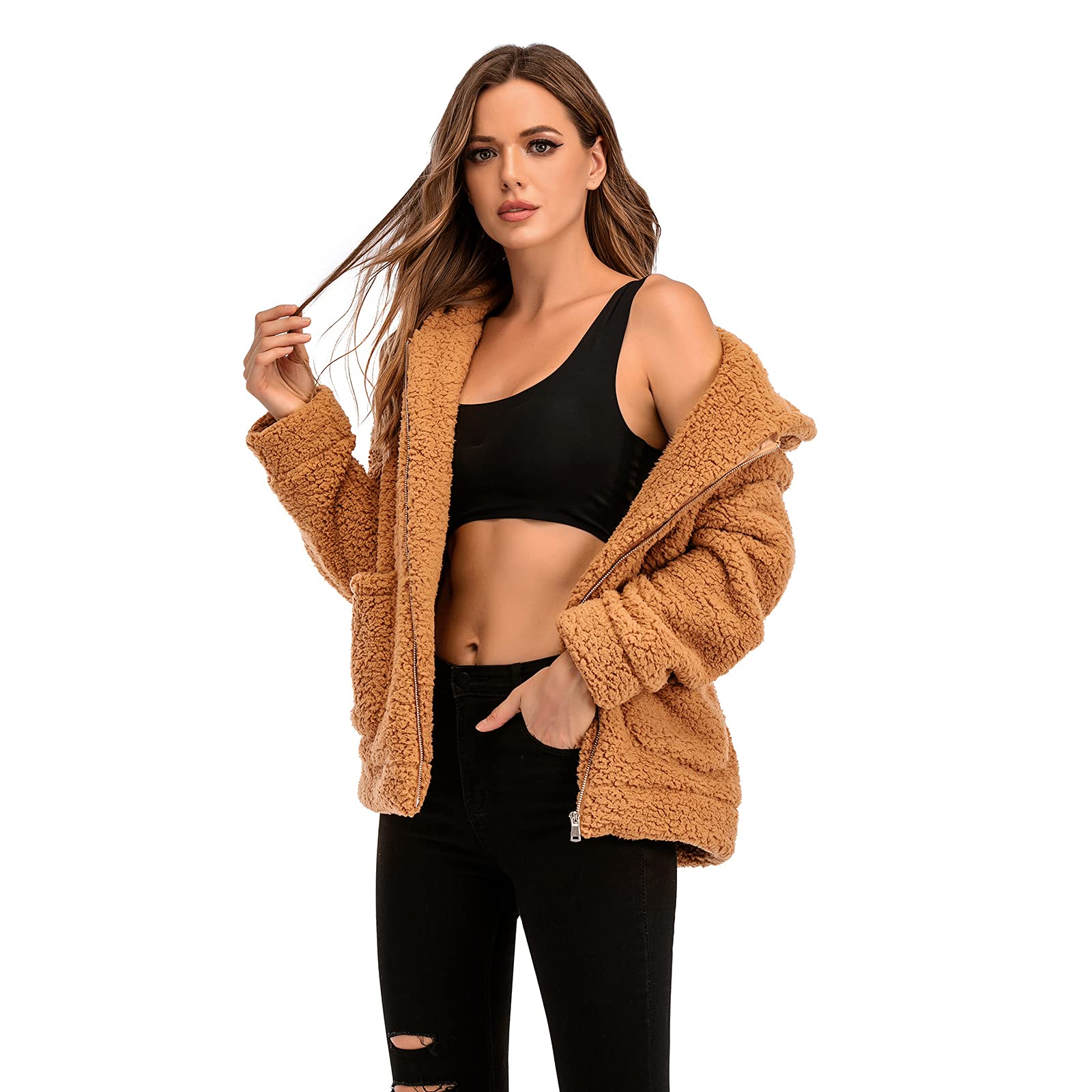 Comeon Womens Casual Coat Lapel Fleece Fuzzy Faux Shearling Zipper Hooded Warm Winter Oversized Jackets - Image 4