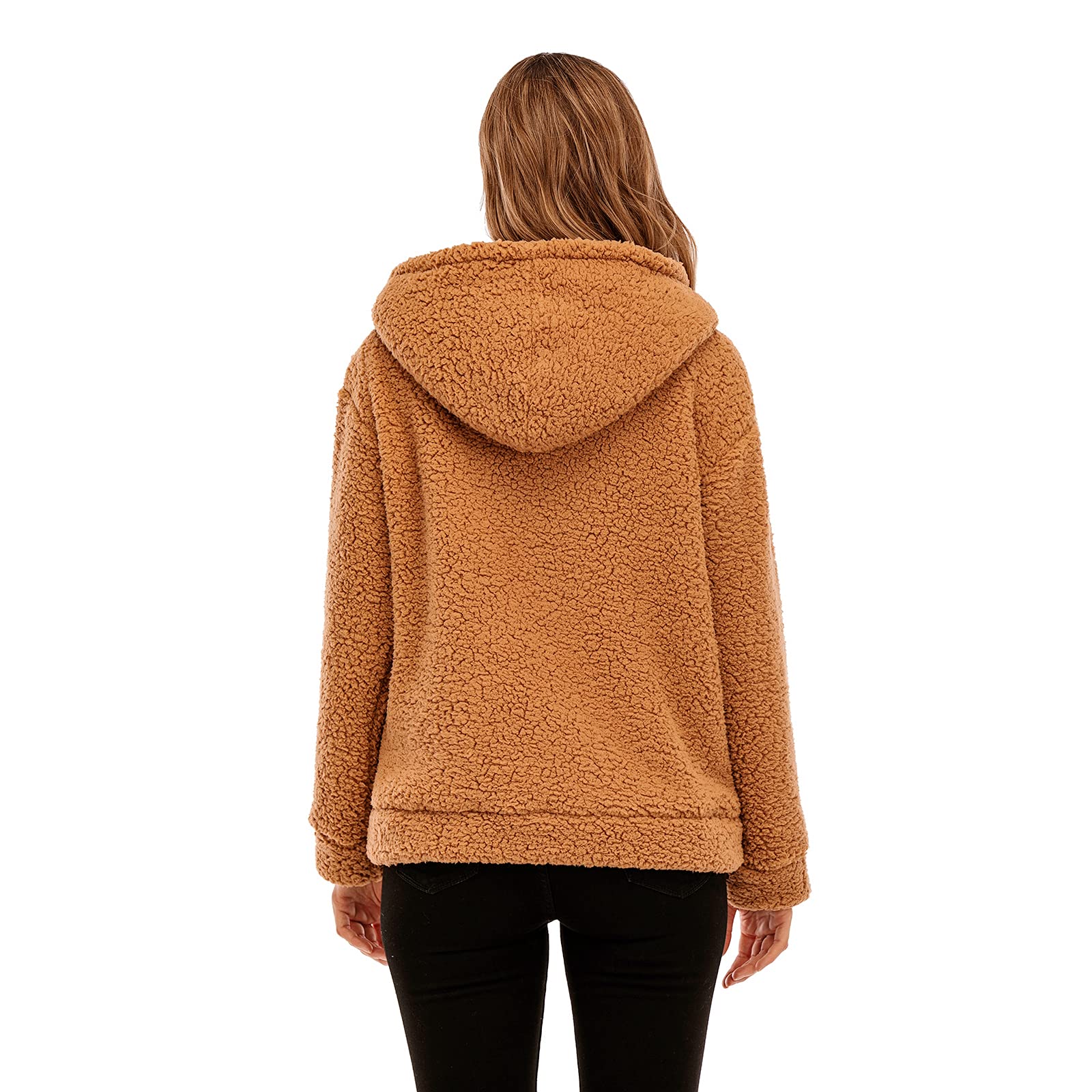 Comeon Womens Casual Coat Lapel Fleece Fuzzy Faux Shearling Zipper Hooded Warm Winter Oversized Jackets - Image 5