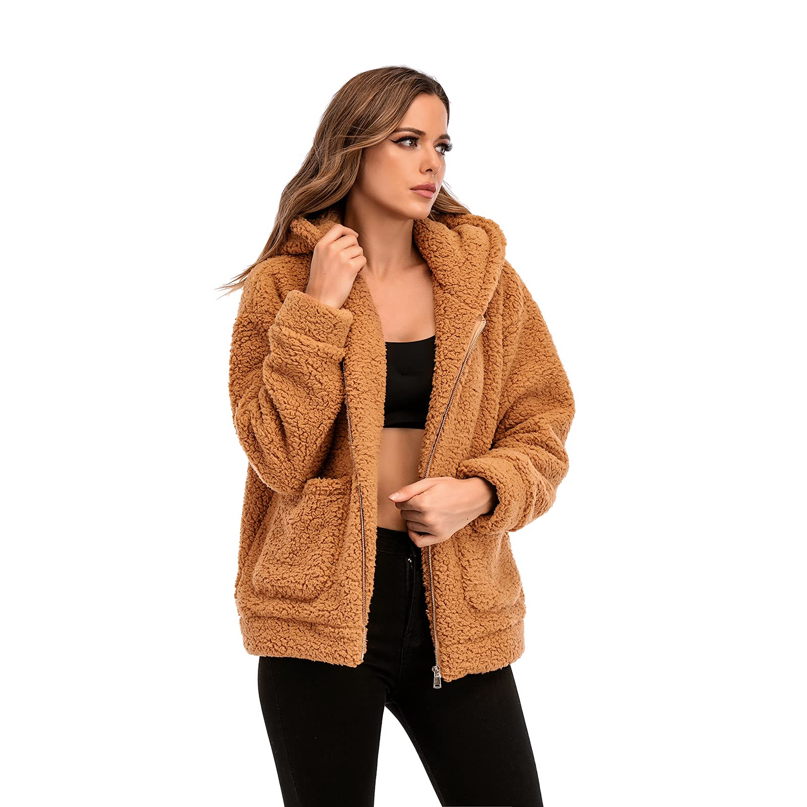 Comeon Womens Casual Coat Lapel Fleece Fuzzy Faux Shearling Zipper Hooded Warm Winter Oversized Jackets - Image 7
