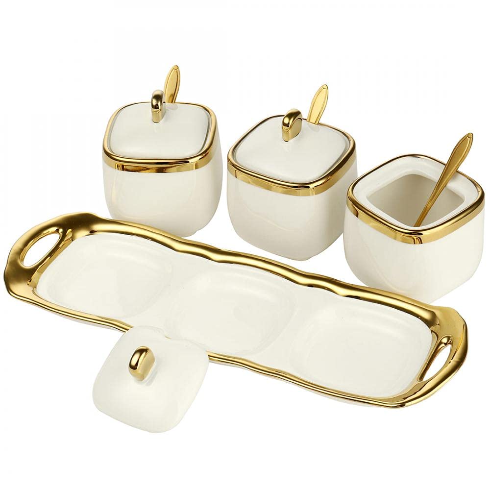 Set of 3 Porcelain Condiment Jar Spice Container with Lids, Ceramic Sugar Bowls Condiment Pots Spice Jars Seasoning Box Set, Best Spice jar for Your Home, Kitchen, Counter (White suit) - Image 3
